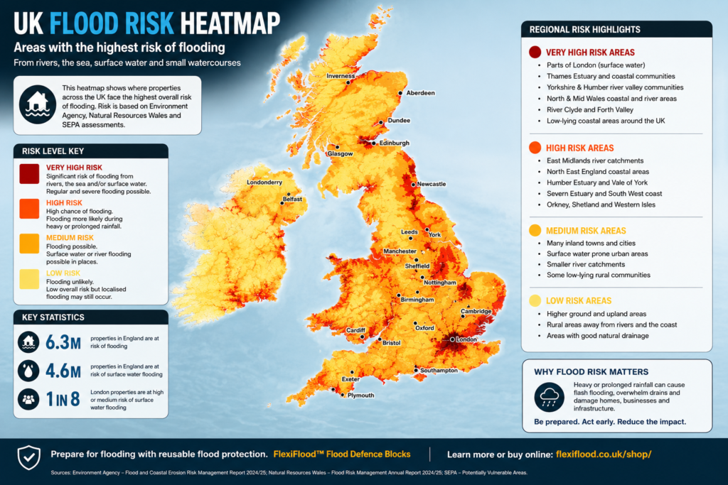 Heatmap showing high risk flood areas in the uk